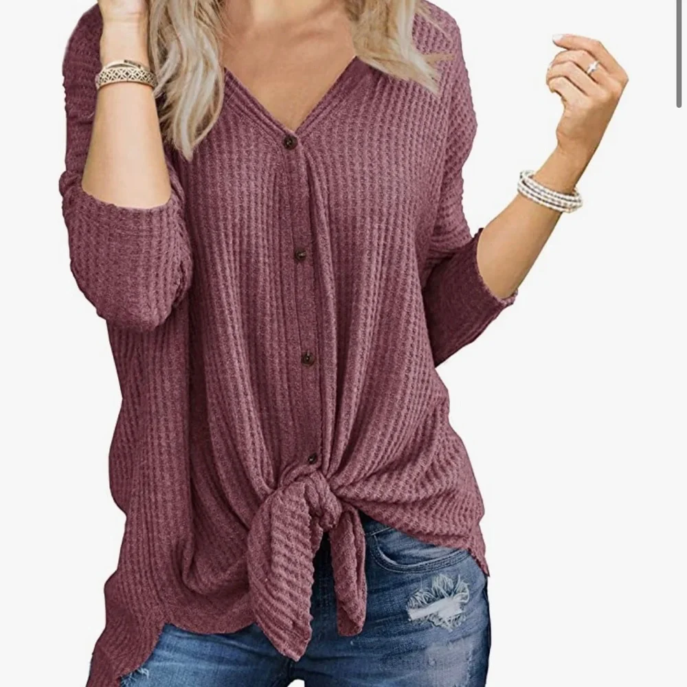 Waffle Knit Tie Front Top - Picture 2 of 6